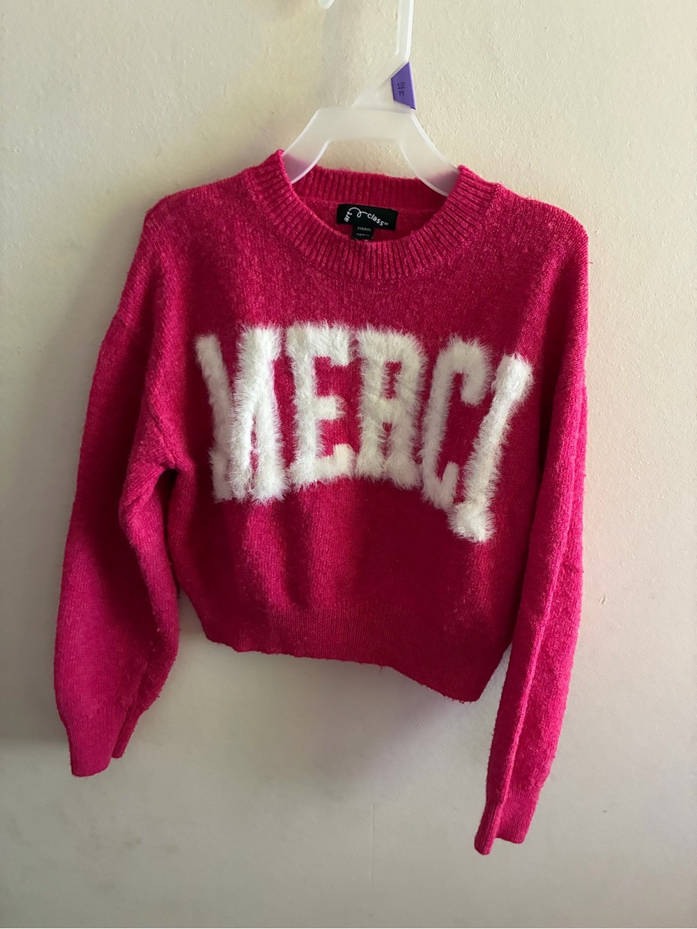 art class Hot Pink Crewneck Sweater with Fuzzy White MERCY Graphic